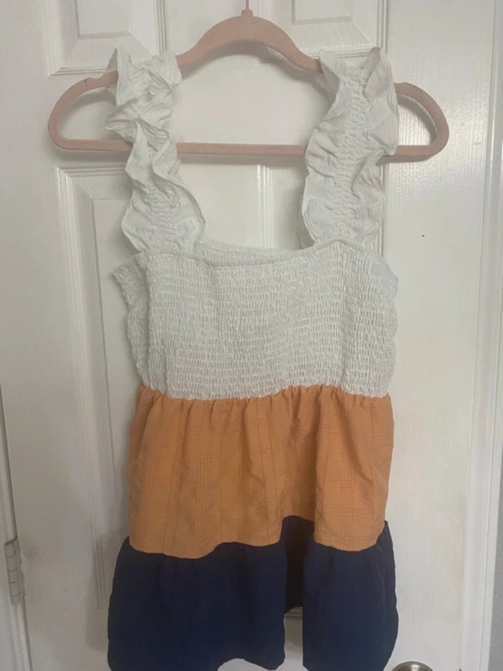 Smocked Tiered Tank in White, Mustard & Navy